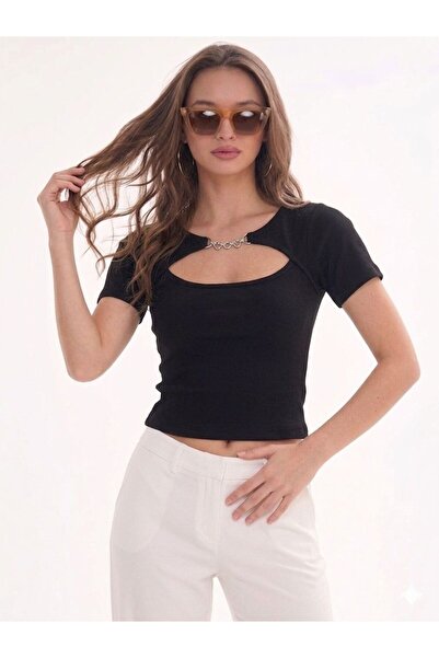 MYZ LİFE Black Heart Accessory Detailed Short Sleeve Body Crop Full Lycra Cam...