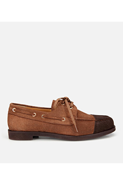 Hotiç Γυναικείο δερμάτινο καστόρινο καφέ loafer με λεπτομέρεια από δαντέλα