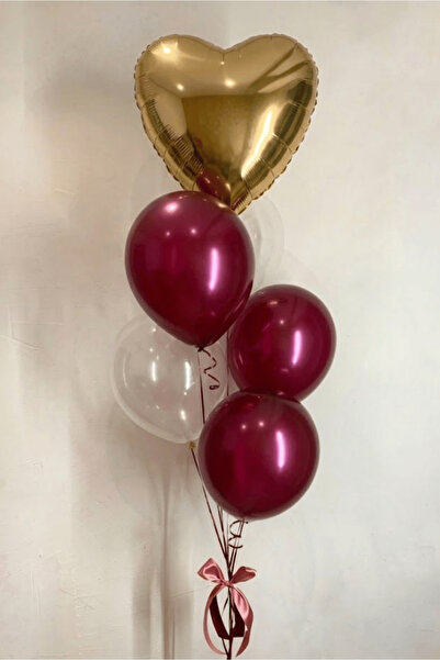 Bunloon Metalik Bordo Şeffaf Kalp Altın Folyo Balon Seti 6 Lı Doğum Günü Part...