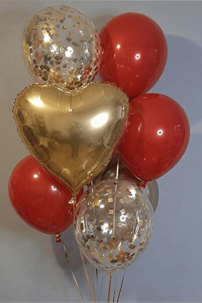Bunloon Kırmızı Şeffaf Krom Altın Kalp Folyo Balon Seti 8 Li Konfetili Süslem...