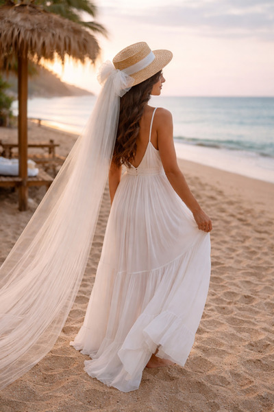 laviyonsa قبعة العروس الصيفية المصنوعة من القش مع طرحة طويلة