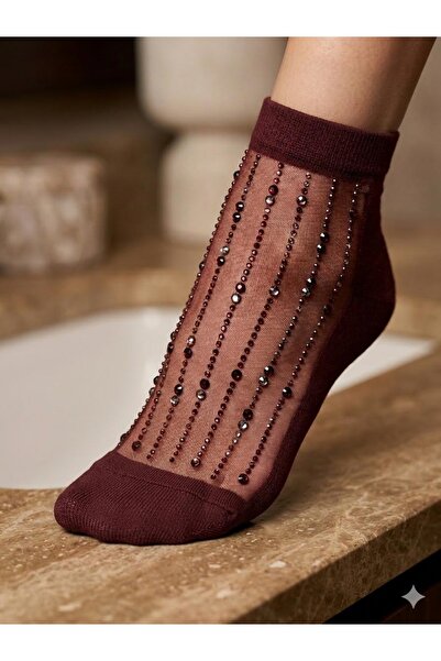 Store Parfüm kokulu taşlı tül detaylı premium kalite bordo çorap
