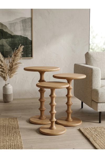 goji home decor 3'lü Ahşap Zigon Sehpa Seti Naturel Ceviz 50 55 60 cm Yuvarla...