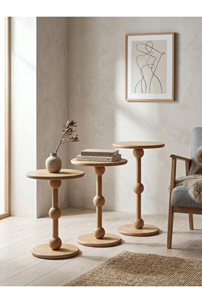 goji home decor 3'lü Ahşap Zigon Sehpa Seti Naturel Ceviz 50 55 60 cm Yuvarla...