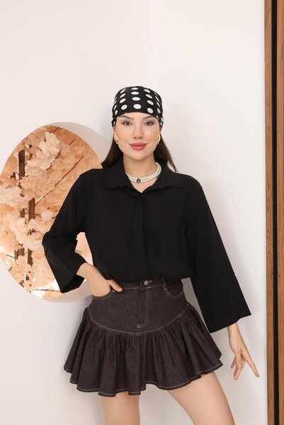 FAMODA Kadın Slim Fit Dar Kesim Vücuda Oturan Uzun Kollu Siyah Gömlek
