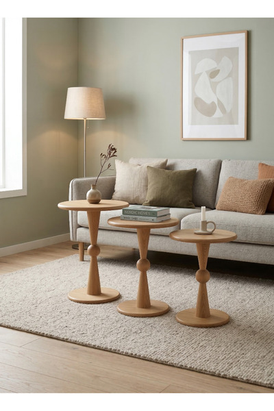 goji home decor 3'lü Ahşap Zigon Sehpa Seti Naturel Ceviz 50 55 60 cm Yuvarla...