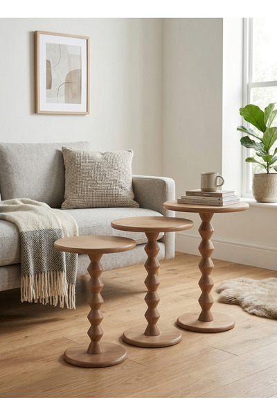 goji home decor 3'lü Ahşap Zigon Sehpa Seti Naturel Ceviz 50 55 60 cm Yuvarla...