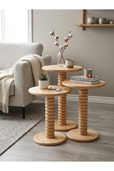 goji home decor 3'lü Ahşap Zigon Sehpa Seti Naturel Ceviz 50 55 60 cm Yuvarla...