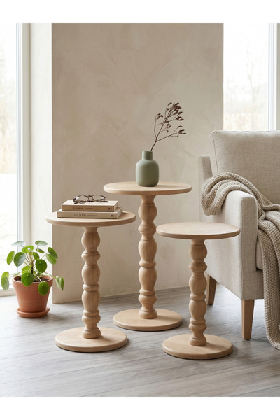 goji home decor 3'lü Ahşap Zigon Sehpa Seti Naturel Ceviz 50 55 60 cm Yuvarla...