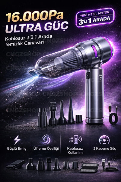 CNGZSHOP Turbo 16.000Pa Kablosuz Araç Süpürgesi | Üflemeli 3’ü 1 Arada Mini E...