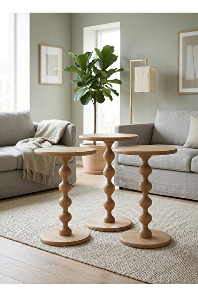 goji home decor 3'lü Ahşap Zigon Sehpa Seti Naturel Ceviz 50 55 60 cm Yuvarla...
