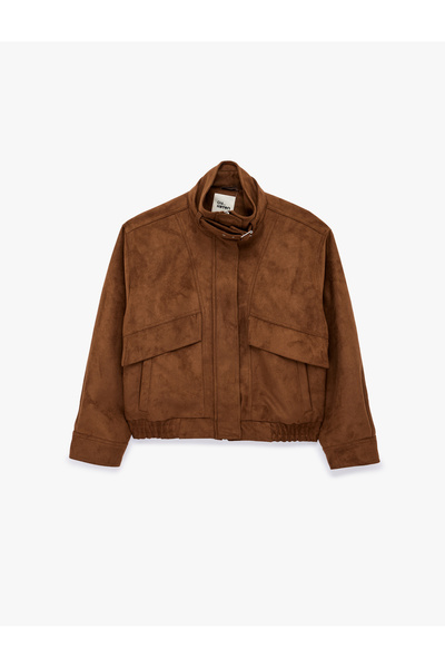 Koton Long Sleeve Zippered Stand Collar Suede Look Jacket with Pocket Detail