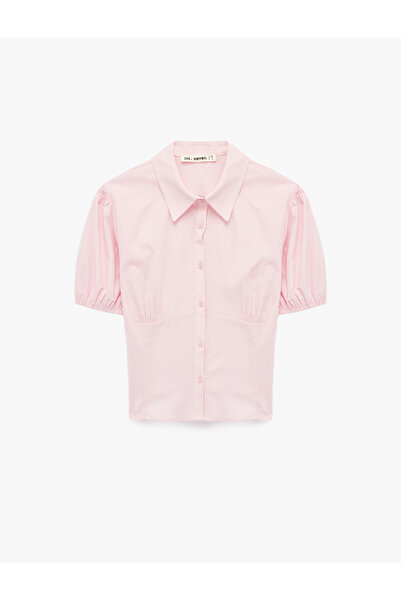Koton Pamuklu Slim Fit Kısa Balon Kollu Klasik Yaka Crop Bluz