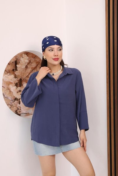 FAMODA Kadın Slim Fit Dar Kesim Vücuda Oturan Uzun Kollu Lacivert Gömlek