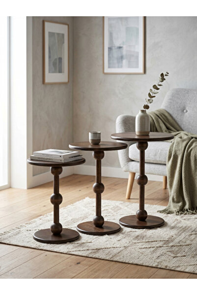 goji home decor 3'lü Ahşap Zigon Sehpa Seti Naturel Ceviz 50 55 60 cm Yuvarla...