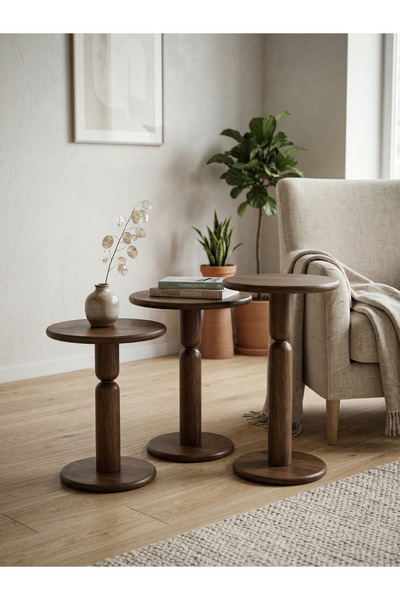 goji home decor 3'lü Ahşap Zigon Sehpa Seti Naturel Ceviz 50 55 60 cm Yuvarla...