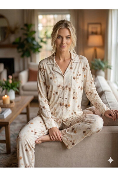 Lohussa Noul sezon Set de pijamale cu model de vară, cu guler șal bej și nast...