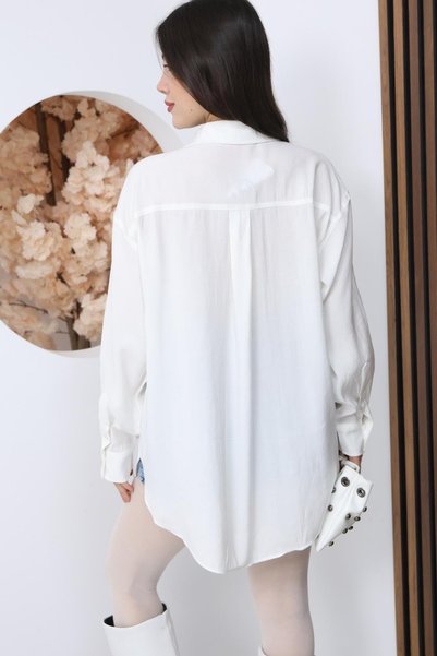FAMODA Kadın Beyaz Oversize Uzun Basic Gömlek