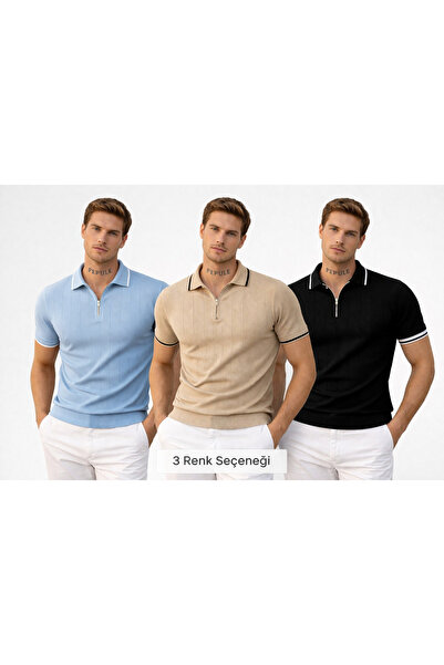 pepule 3lü Erkek Premium Triko Polo Yaka Fermuarlı Slim Fit Tişört