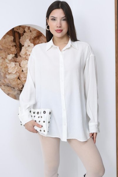 FAMODA Kadın Beyaz Oversize Uzun Basic Gömlek