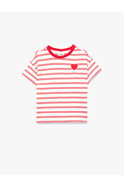 Koton Памучна тениска с къс ръкав, кръгло деколте, на райета и с бродиран детайл