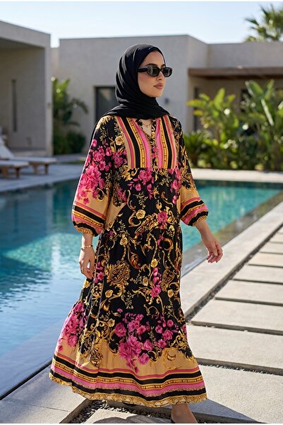 Kirazca Butik Women's Bohemian Patterned Layered Long Hijab Dress Comfortable...