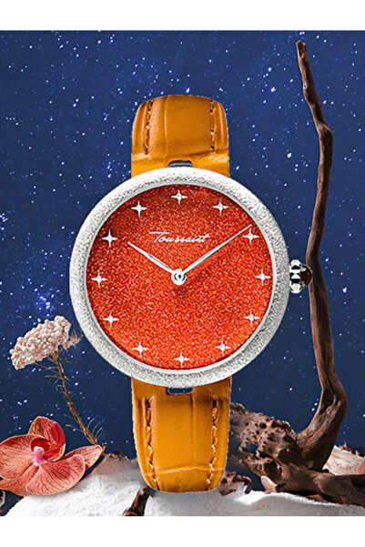FridayIn Starry Dial Orange Leather Strap Women's Watch Elegant Luxury Wristw...