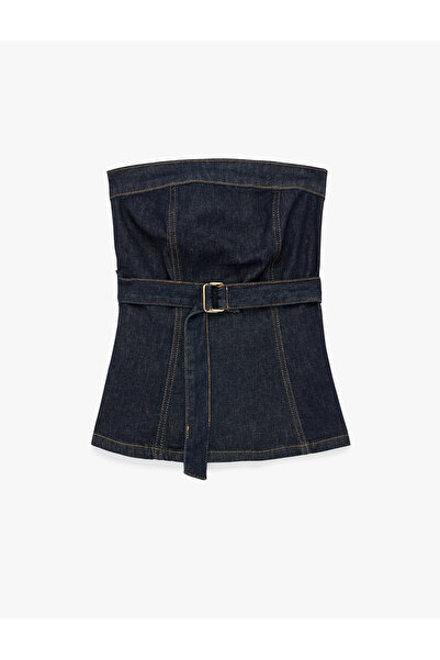 Koton Джинсова блузка без рукавів, бавовняна, без бретелей, з декольте та поясом