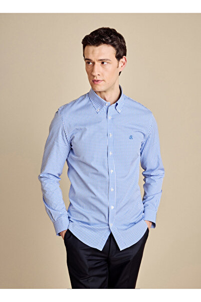 BROOKS BROTHERS Slim Fit Düğmeli Yaka Mavi - Beyaz Erkek Gömlek BBSS26MSH009