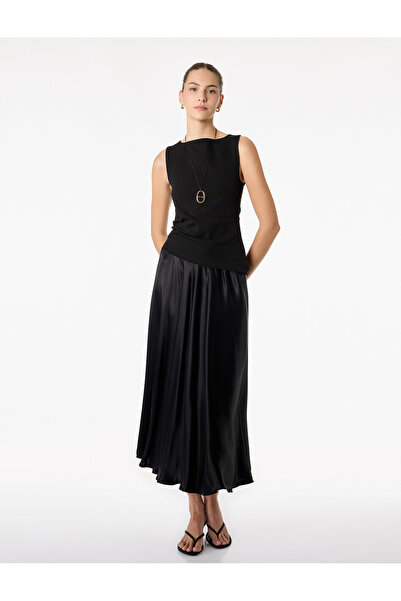 Koton Beli Lace-Up Flared Midi Satin Skirt