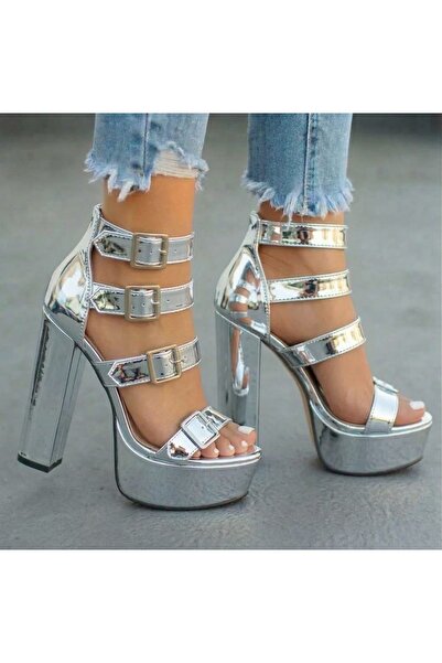 Tarz Topuklar Vesper Women's Silver Mirror Buckle Heeled Shoes