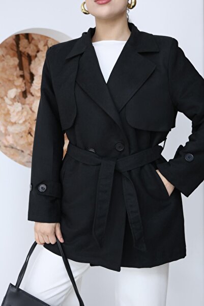 FAMODA Kadın Siyah Süet Görünümlü Kruvaze Yaka Kemerli Kısa Trençkot Ceket