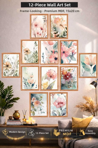 UNT Pastel Flower Themed 12-Piece Mdf Wall Painting Set – Modern Decorative F...