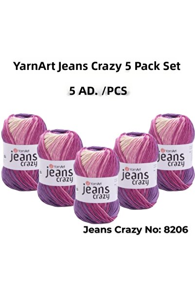 Yarnart خيط حياكة جينز كريزي أرت 8206، خيط تزيين 5 قطع