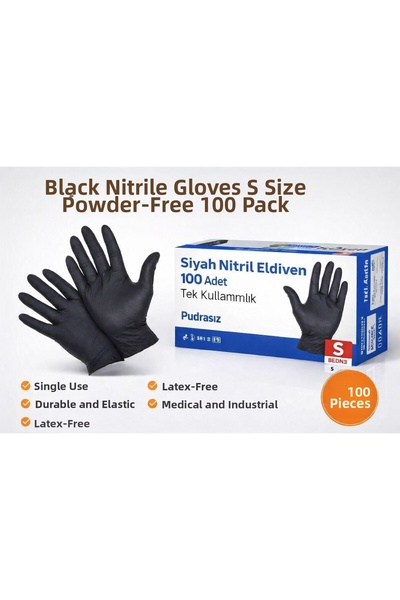 sylar Black Nitrile Gloves Size S Powder-Free 1 Box of 100 Disposable Examina...