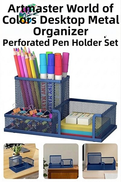 Artmaster Set de suporturi metalice pentru pixuri de birou, albastru marin, 3...