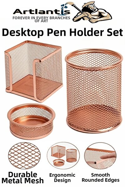 Artmaster Set suport stilou din plasă pentru birou, placat cu cupru, 3 piese,...
