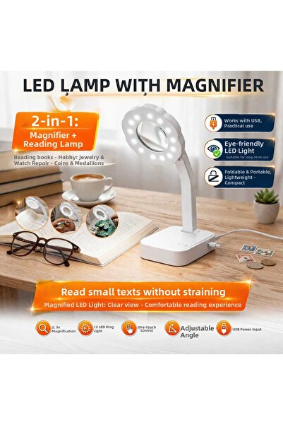 ASG مصباح مكبر مضيء LED سلكي يعمل بـ USB للطاولة والقراءة