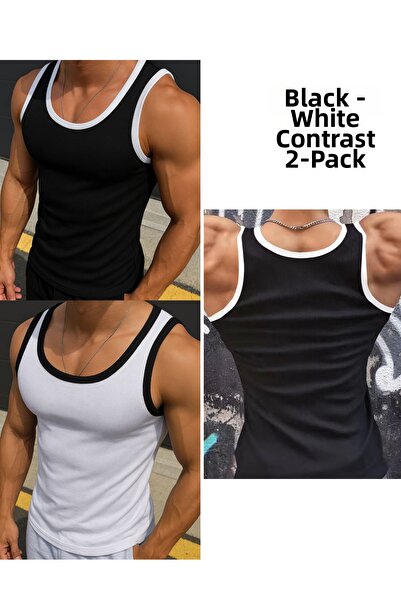 Riowela Men's Sports Singlet - Cotton Flexible Black White 2 Pack
