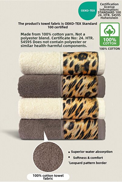 Ellaline 4-Piece Leopard Towel Set 100% Cotton Certified, Hand / Face / Kitchen Towels 50X90Cm Brown - Cream