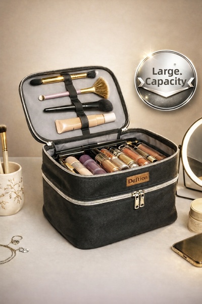 Deftion حقيبة مكياج احترافية ذات حجرتين واسعة الحجم مقاومة للماء ومنظم سفر كب...