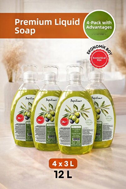 Papilion صابون سائل بنكهة أوراق الزيتون 4 عبوات 4x3000 مل تنظيف لطيف ومغذي لل...