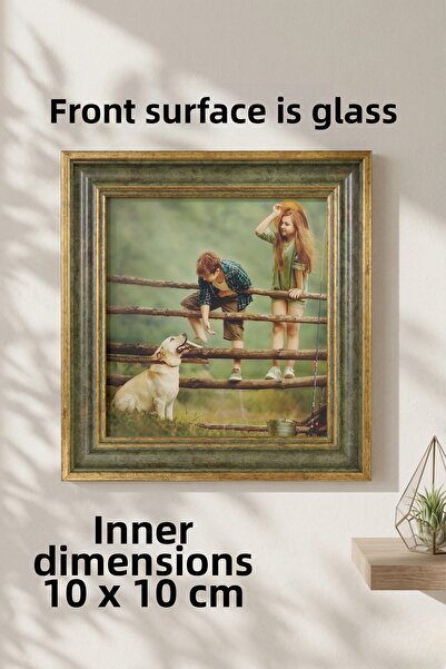 Asya Çerçeve Decorative Antique Patterned Square 10X10 Glass Green-Gold Plast...