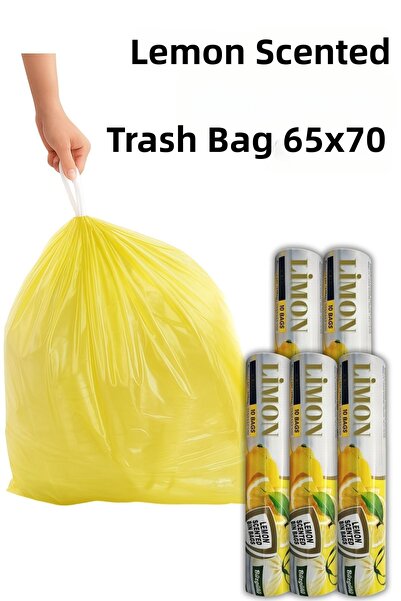 ARVALE 5 Packs Large Size 65X70 Lemon Scented Drawstring Garbage Bag (50 Piec...