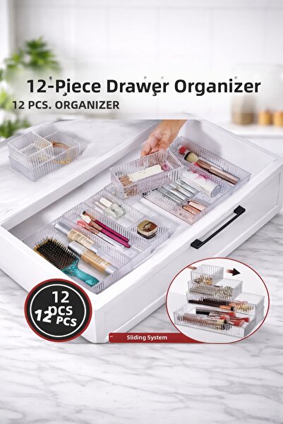ARVALE مجموعة منظم أدراج شفافة قابلة للسحب مكونة من 12 قطعة |   منظم أدوات ال...