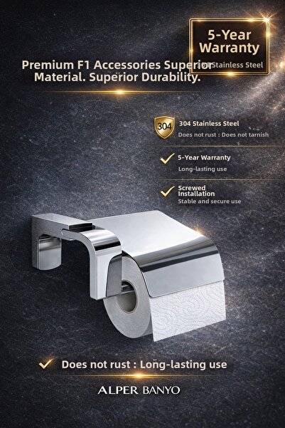 Alper Banyo حامل ورق التواليت الفاخر طراز F1 مع غطاء من الكروم |   مقاوم للصد...