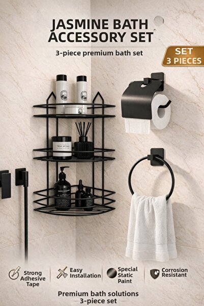 Alper Banyo Set de baie adeziv negru din 3 piese |   Raft de baie pe 3 nivelu...