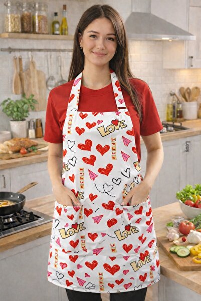 DOKSAÜNİFORM Kitchen Apron, Love Themed, with Large Pockets, Adjustable Kitch...