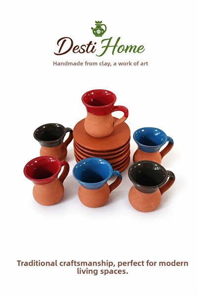 DestiHome Earthenware Glazed Handmade İncebelli Cup Set of 6