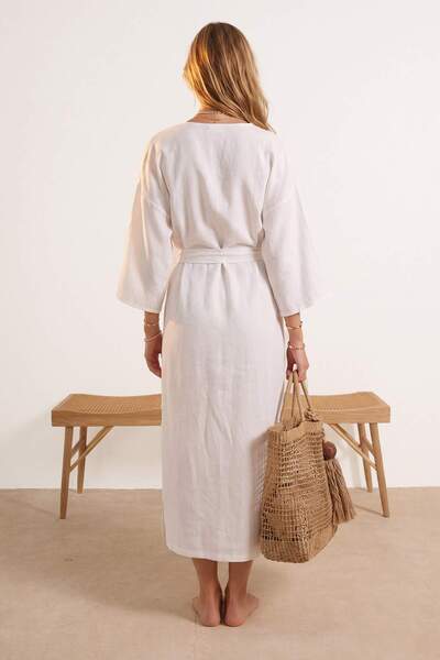 Trendyol Collection Kimono și caftan maxi de plajă, țesut ecru, cu curea TBES...